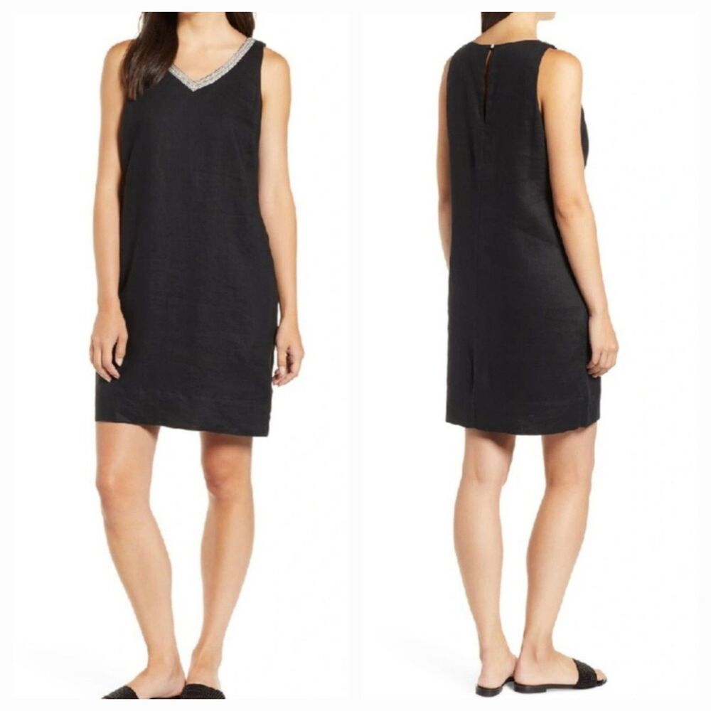 Tommy Bahama Dress Womens Medium Lux Linen Embellished Beaded Mini V-Neck Black